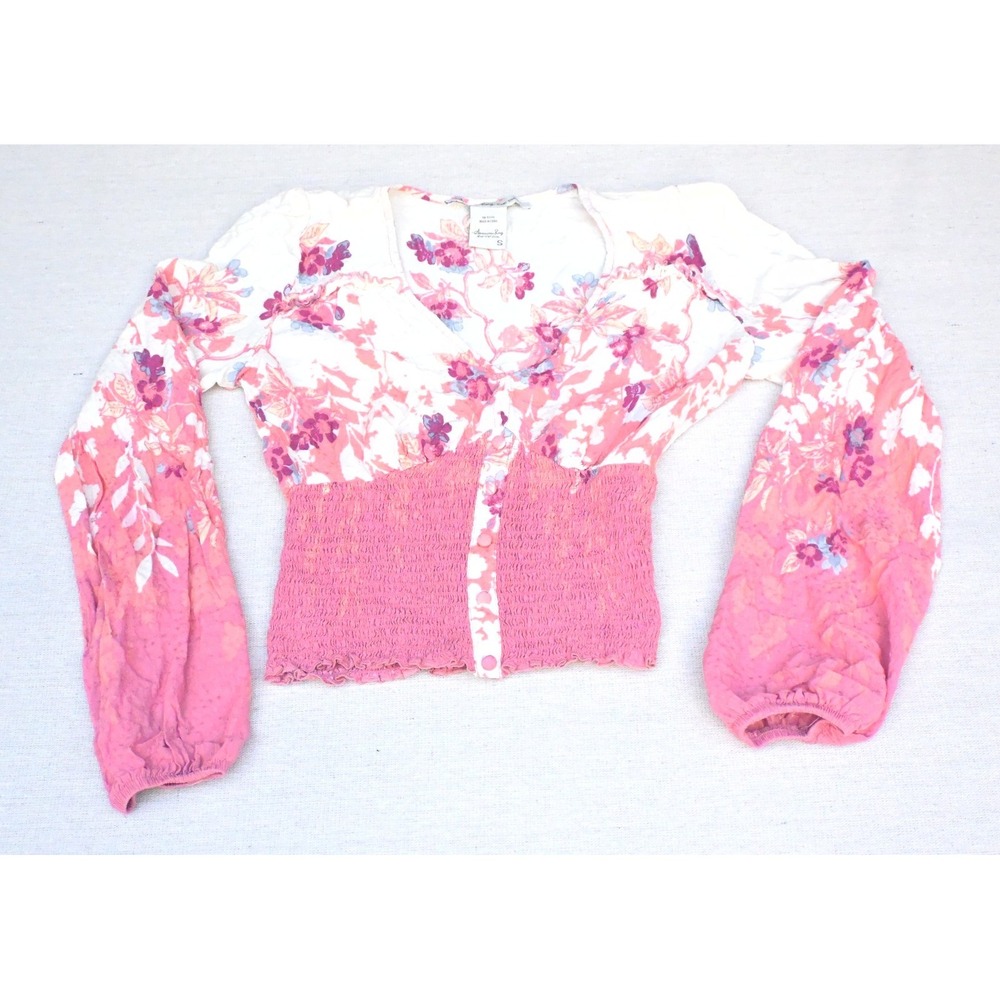 American Rag Cie Womens S Cropped Smocked Blouse Pink White Floral Ruffle V Neck